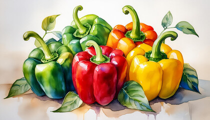 Wall Mural - Watercolor illustration of fresh bell peppers. Healthy farm vegetable. Vegan, organic food.
