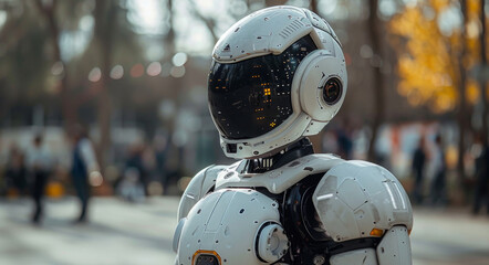 Leinwandbilder - A white robot standing motionless on an urban street, showcasing its futuristic design and technology.