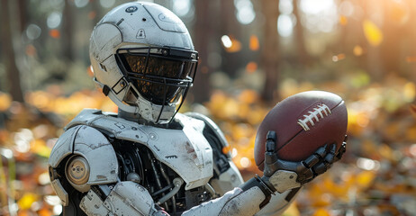 Poster - A robot clad in white armor gently holds an American football amidst fallen leaves.
