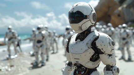 Poster - A group of white robots standing on the sandy beach, under the clear sky and bright sun, with ocean waves in the background.