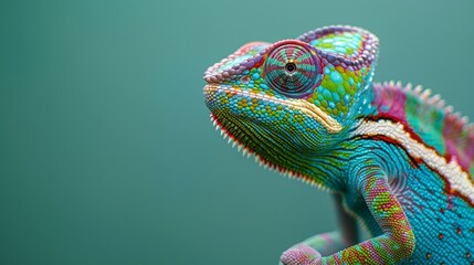 A colorful chameleon on a clean green background