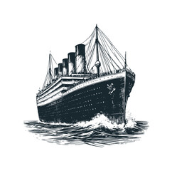 The vintage steamboat. Black white  vector illustration.