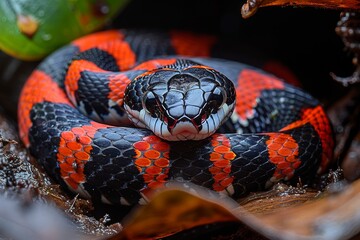 Wall Mural - Mangrove Snake: Coiled among mangrove roots with vibrant red and black stripes, symbolizing habitat.