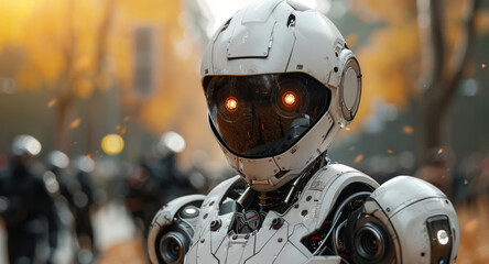 Aufkleber - A white robot with orange eyes stands in the middle of a city, surrounded by buildings and bustling streets.