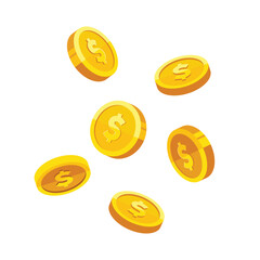 Wall Mural - falling gold coins with dollar us currency sign vector illustration isolated on white background. bu