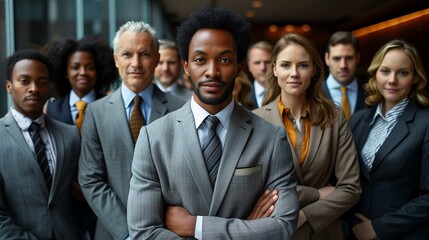 A professional team with ethnic diversity in a corporate environment, suits, shirts, ties.