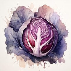 Wall Mural - Watercolor illustration of fresh red cabbage. Healthy farm vegetable. Vegan, organic food.