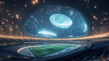 Aufkleber - Cutting-edge soccer stadium featuring modern architecture, high-tech lighting, and a bustling crowd during a game.