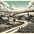 Rustic Harmony: A Detailed Ink Drawing of a Peaceful Countryside Landscape.