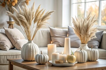 A modern white ceramic vase with dried grass, candles on a wooden table and pumpkins. Scandinavian interior. The concept of autumn decor and comfort in the house.