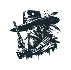 Canvas Print - The old cowboy. Black white vector logo illustration. 