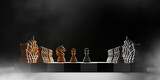 Fototapeta Paryż - Gold and silver chess pieces on black background with smoke 3D render