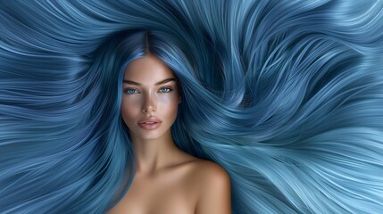 A beautiful Caucasian model showcasing long, smooth, and shiny light blue hair, advertising hair dye products, hair care, solid color background, copy space.