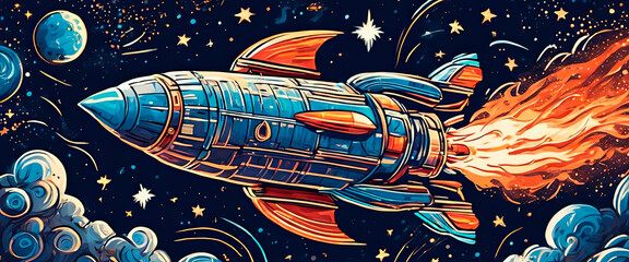 vibrant rocket ship soaring through the starry sky