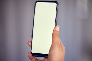 Leinwandbilder - Hand, phone screen and social media with mockup space for advertising or marketing online. App, contact or display and person with mobile for communication, networking or internet research closeup