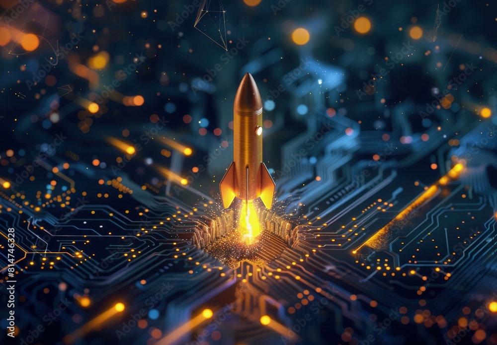 Golden rocket taking off at the bottom of an electronic circuit board ...