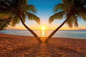 Poster - Tropical Sunset Between Palm Trees on a Serene Beach