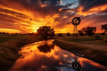 Wall Mural - A tranquil scene with a classic windmill silhouette against a vibrant sunset sky reflected in a serene creek