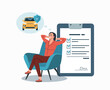 Car insurance concept. A woman sits in a chair in a relaxed position and thinks about the security of the car. Vector illustration.