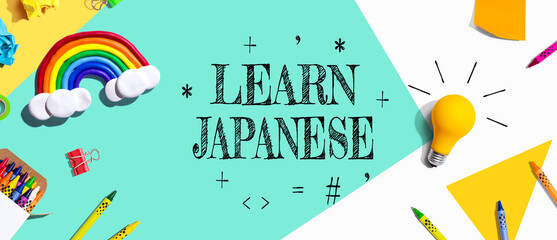 Wall Mural - Learn Japanese theme with school supplies overhead view - flat lay