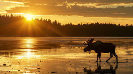 Wall Mural - Majestic moose walking along a shimmering sunset beach