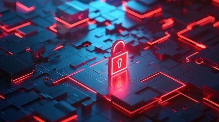 Poster - Advanced cyber security concept: illuminated lock icon on complex digital landscape