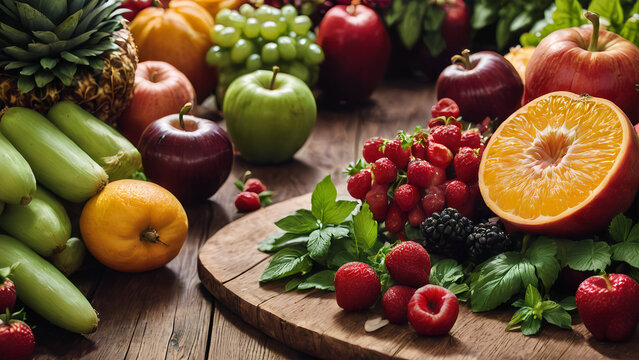 Fresh fruits and vegetables photography banner on wooden background