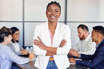 Poster - Black woman, confident and portrait in meeting, employee and proud of leadership opportunity. Female person, arms crossed and smile for company development, professional and mentor for training