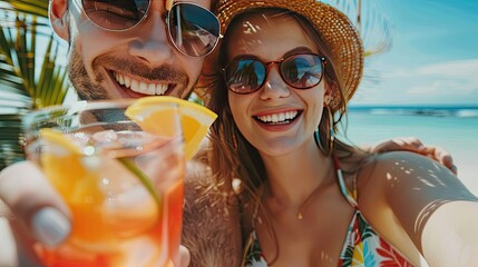 Wall Mural - A cocktail in the hands of a girl on the beach. Selective focus.