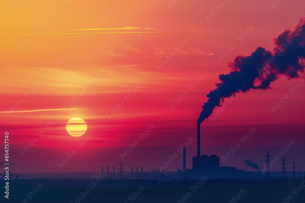 Pollution Is Rising Silhouette of power plant with smoke rising against the sky, air ...