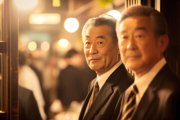 two Asian businessmen as they stride through the restaurant door