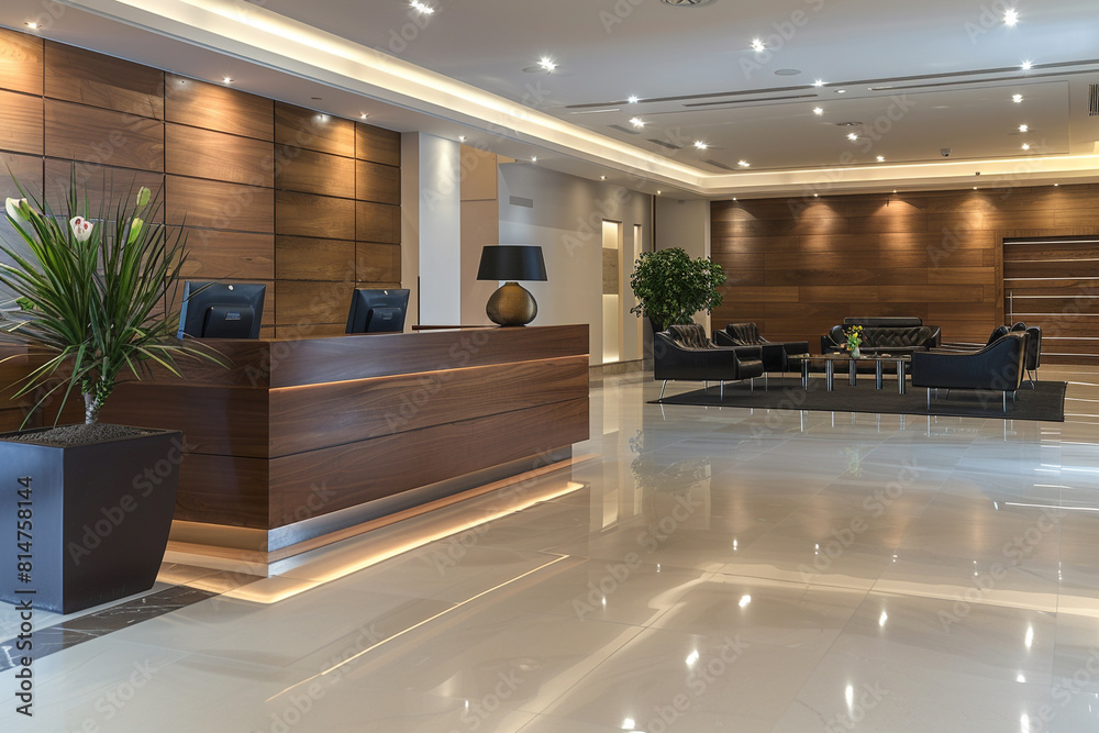 Modern hotel lobby interior and reception desks, Front view of ...