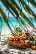 Fruit basket on the beach. Selective focus.