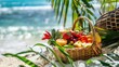 Fruit basket on the beach. Selective focus.