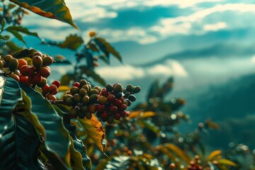 Coffee plant with red coffee beans on a tree in the mountains, closeup, blurred background, sunny day, blue sky and clouds, green mountain landscape. Commercial photo, soft light, high resolution.