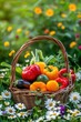 Basket with vegetables and fruits. Selective focus.