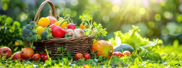 Wall Mural - Basket with vegetables and fruits. Selective focus.