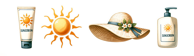 Summer essentials with sunscreen lotion, radiant sun clipart, and a stylish straw hat, ideal for vacation, beach holidays, and sun protection themes