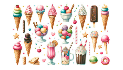 Colorful assortment of illustrated ice creams, milkshakes, and sweets, perfect for dessert-related content and summer celebrations; no people present