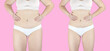 Collage of 2 female figures in white underwear. Woman Before and after losing weight. Overweight woman and slim woman pink background