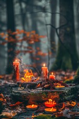 Wall Mural - Candles and fortune telling magic in the forest. Selective focus.