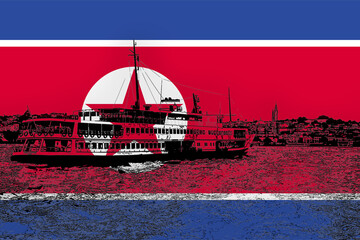 North Korea flag with Istanbul city, Bosphorus view, Bahrain flag, Turkish culture and language