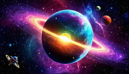 Wall Mural - Abstract cosmic journey background with spacecraft and celestial phenomena.