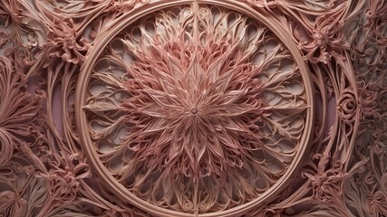Poster - Mesmerizing floral pattern intricately carved into circular wooden panel. Central motif, resembling blooming flower, surrounded by elaborate designs of leaves, flowers.