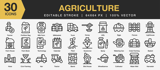 Set of 30 Agriculture icon sets. Editable Stroke Icon Collection. Includes farmer, van, plant, bag, milk, horse, and More. Outline icons vector collection.