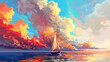Sailboat gliding at sunset with dramatic colorful sky