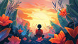 Colorful sunset landscape with a child contemplating nature