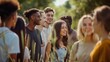 © Matthew - A diverse group of happy young adults is socializing outdoors in a sunny, natural setting, showing friendship and enjoyment