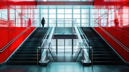 Wall Mural - An individual ascends symmetrical stairs flanked by red transparent walls in a contemporary building with a vibrant color scheme