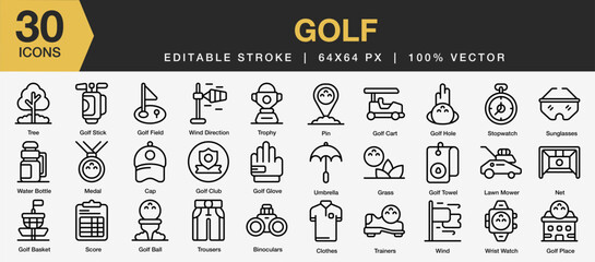 Wall Mural - Set of 30 Golf sport icon sets. Editable Stroke Icon Collection. Includes score, golf hole, clothes, trainer, umbrella, medal, glove, and More. Outline icons vector collection.